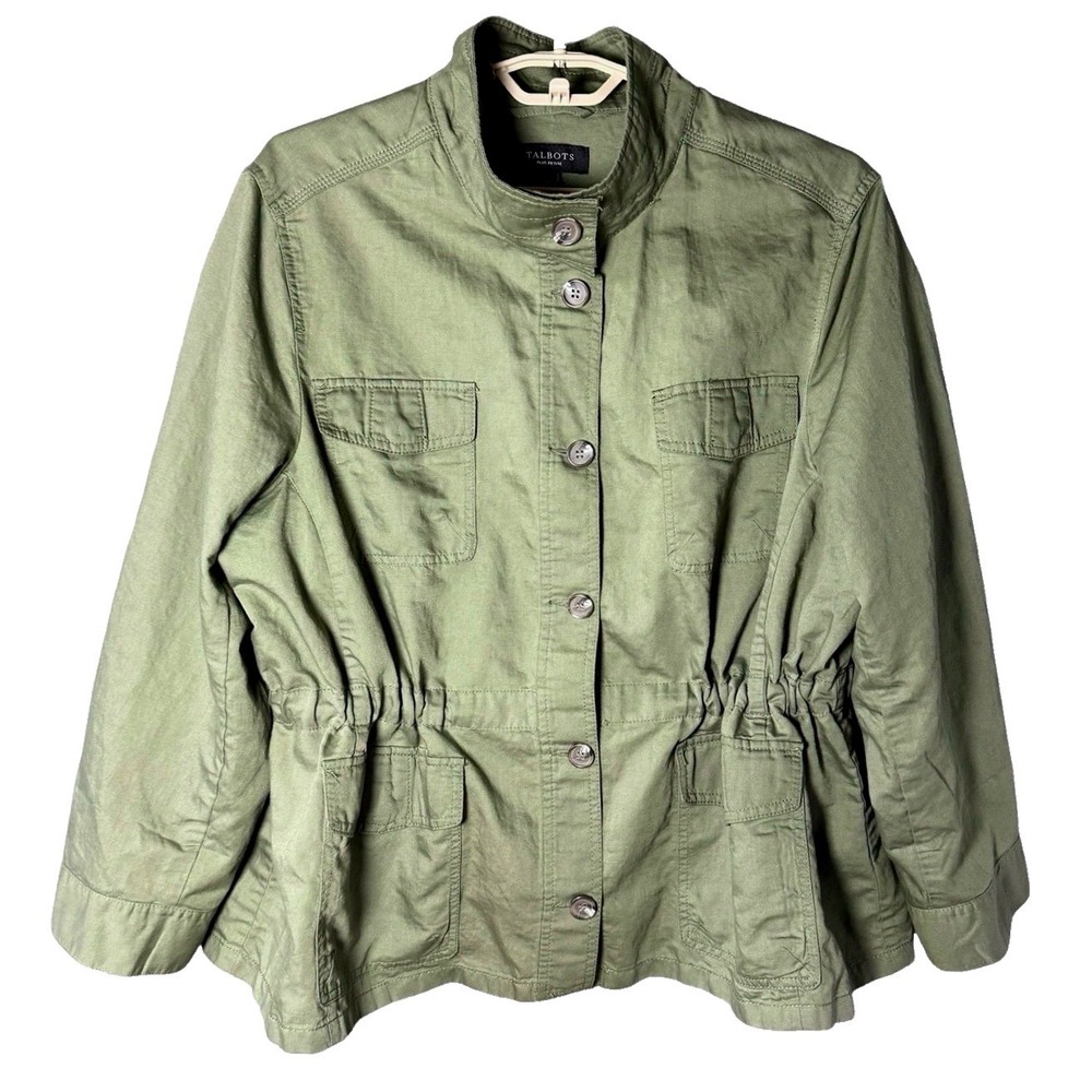 TALBOTS Army Green FIELD UTILITY JACKET Cotton/Linen/Tencel CINCHED WAIST sz XS
